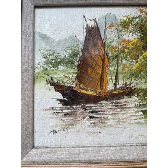 Vintage Oil on Board – Chinese Fishing Boat Scene, Framed, Signed, Classic - Picture 3 of 5